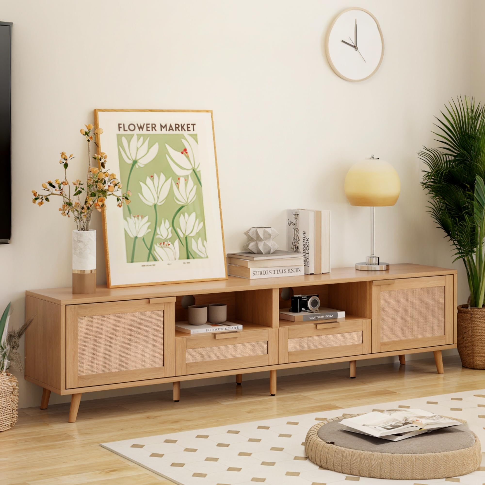 Boho Rattan TV Stand for 85 Inch TV with Storage