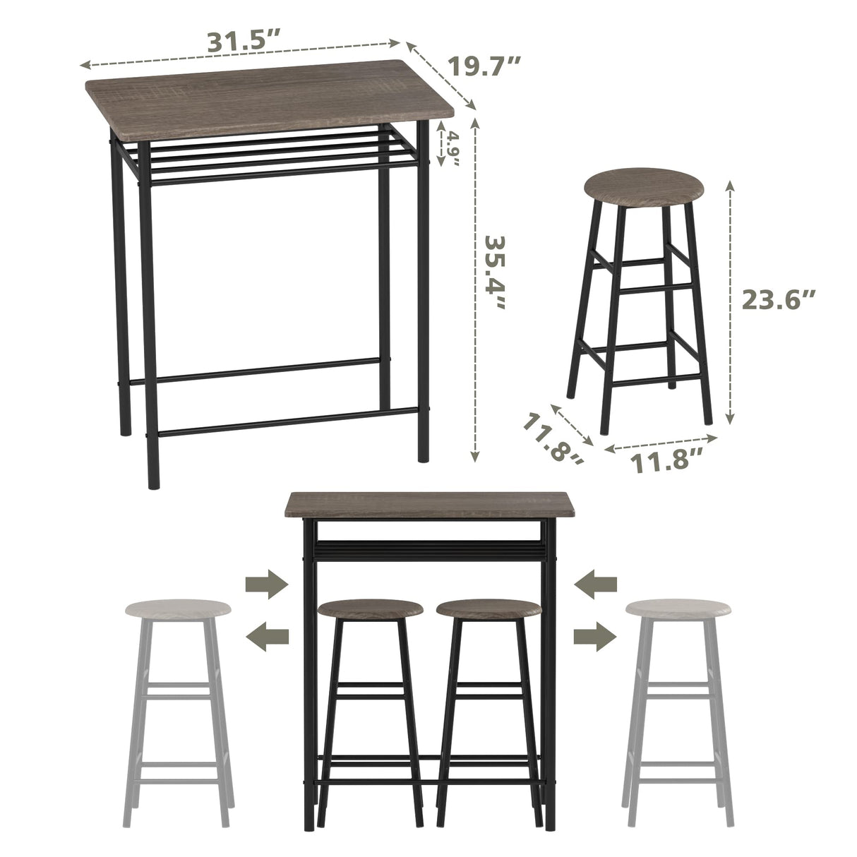 Bar Table with 2 Bar Stools, Pub Dining Table Set, Kitchen Counter Height Table