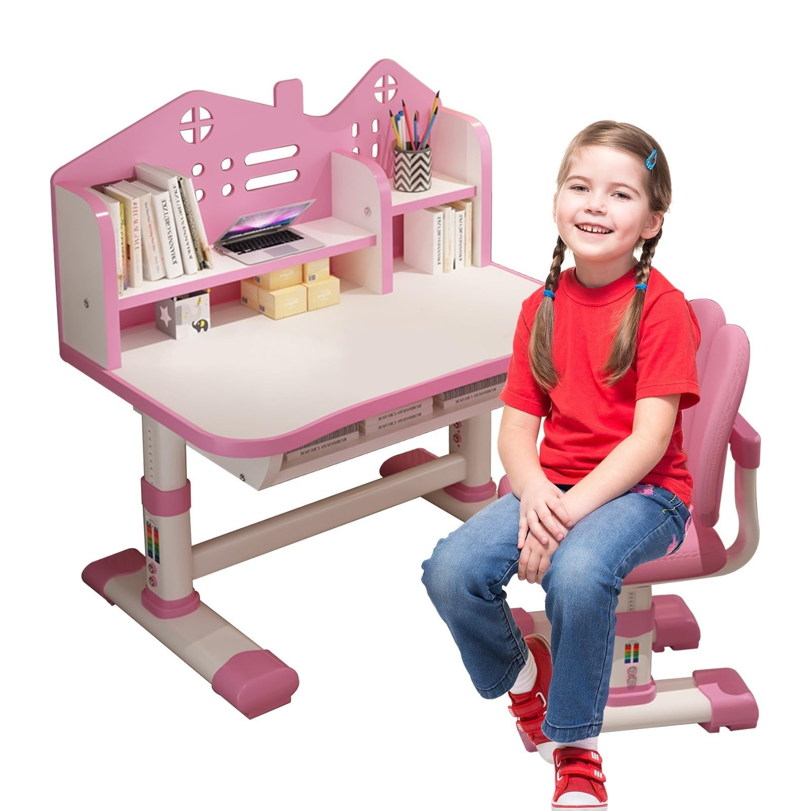 Chair Sets, Kids' Desks Chair, Children Study Desk Writing Table Computer Workstation With Large Storage Drawer And Bookshelf, Height Adjustable Kids Bedroom Furniture ( Color : Pink )