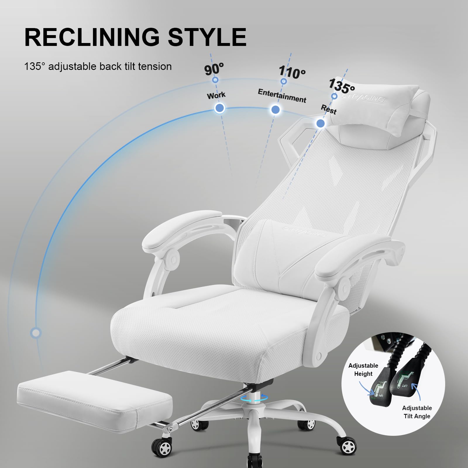 Ergonomic Gaming Chair with Mesh Back and Footrest - White