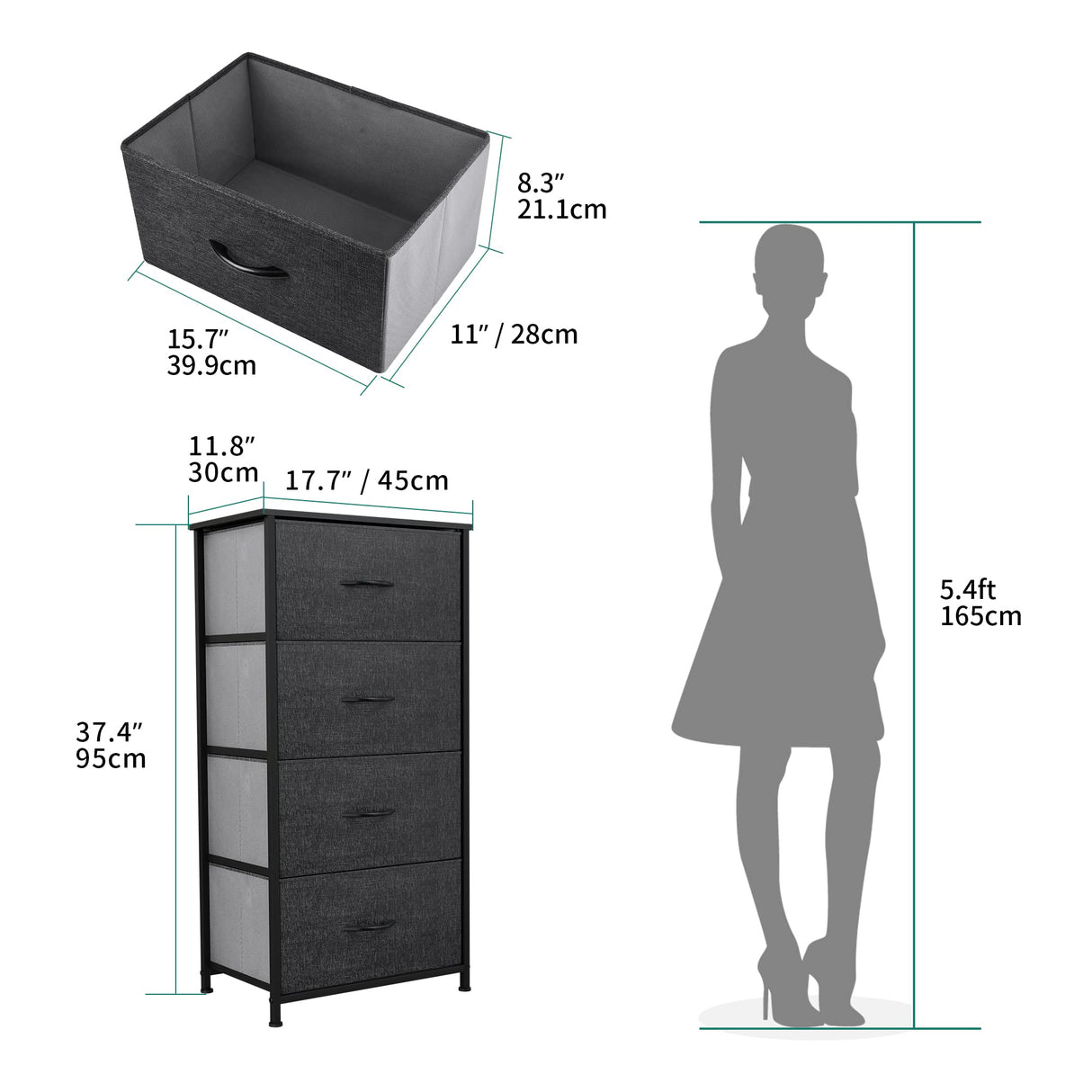 Storage Tower with 4 Drawers - Fabric Dresser, Organizer Unit for Bedroom, Living Room,