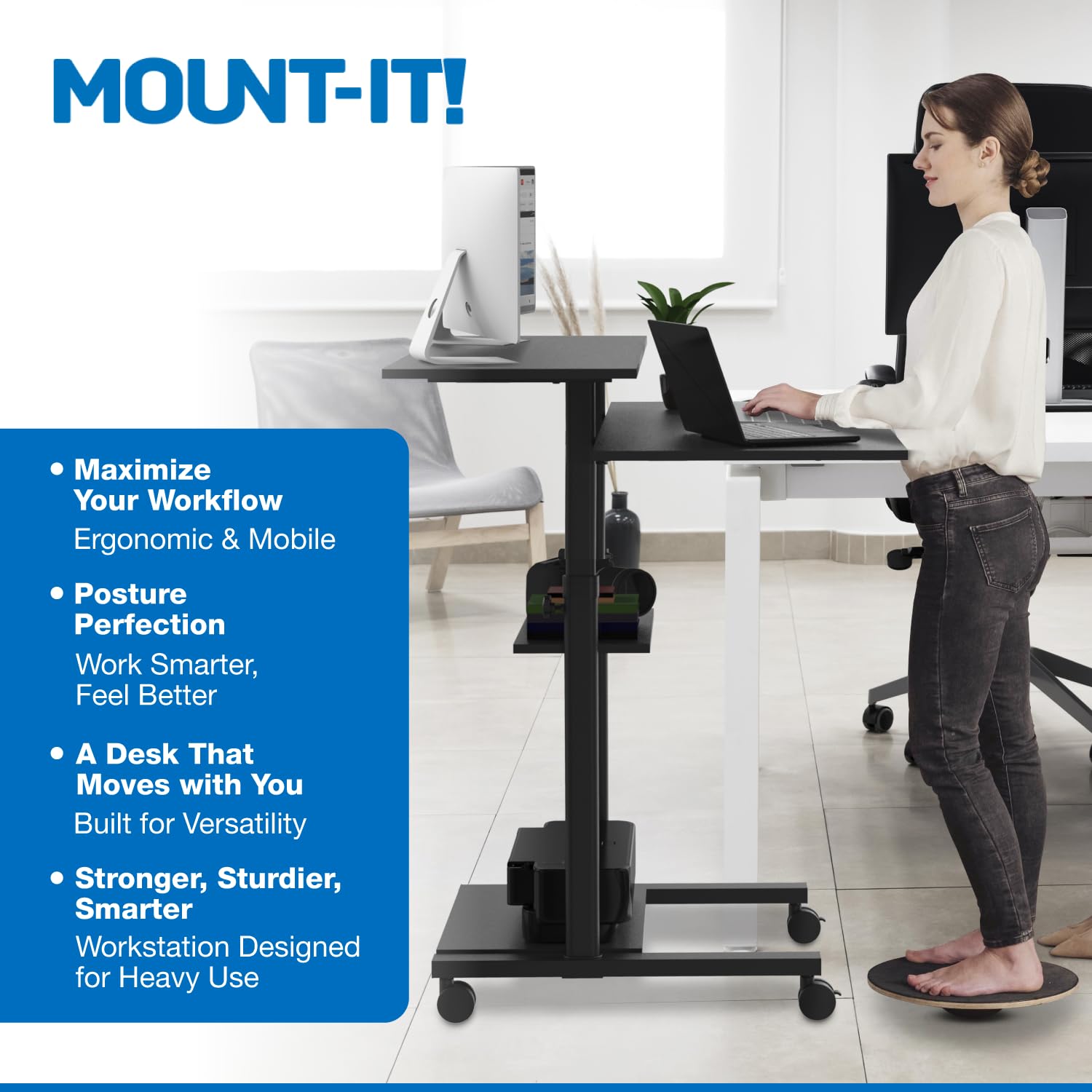Mount-It! Mobile Desk Workstation 40 Inch Wide Large Rolling Computer Desk is Height Adjustable to 64 Inches, Sit Stand Computer Cart with Multi Level Shelves on Wheels in Black