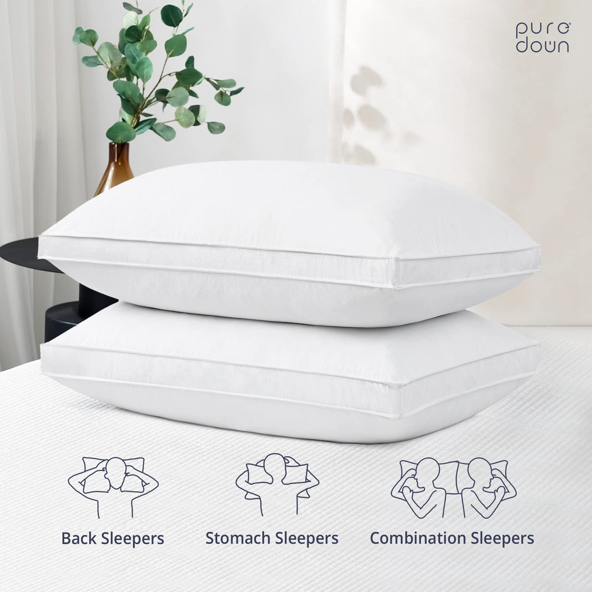 Down Feather Bed Pillows for Sleeping 2 Pack 100% Cotton Cover Gusseted Hotel