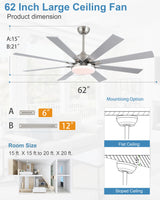 62 inch Ceiling Fans with Lights and Remote Control, Modern Brushed Nickel Ceiling