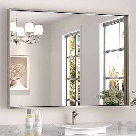 Silver Bathroom Mirror 40 x 30 Inch Rectangular Vanity Mirror for Wall Metal Framed