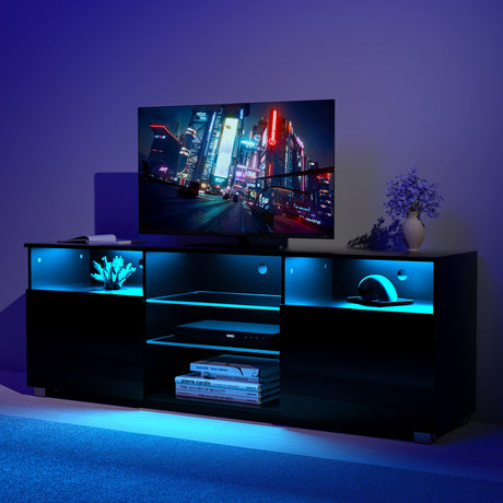 LED TV Stand for 65 inch TVs, Modern TV Stand with LED Lights and High Glossy Cabinets