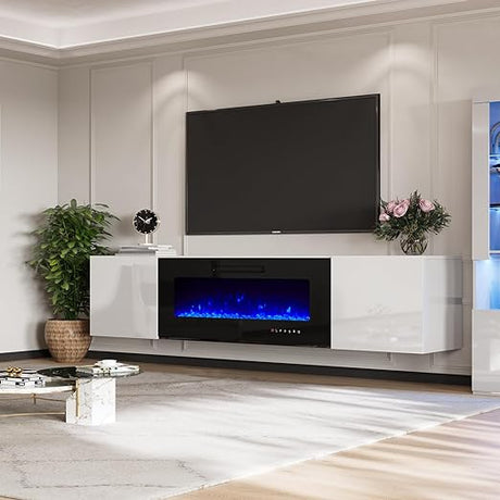 Floating TV Stand with 36" Electric Fireplace, High Gloss Finish Wall Mounted