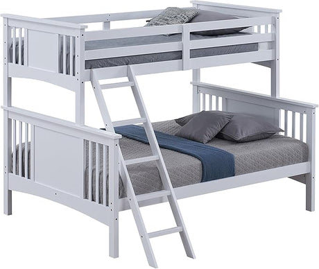 Ricky Twin Over Full Bunk Bed, Angled Ladder, Classic White Solid Hardwood