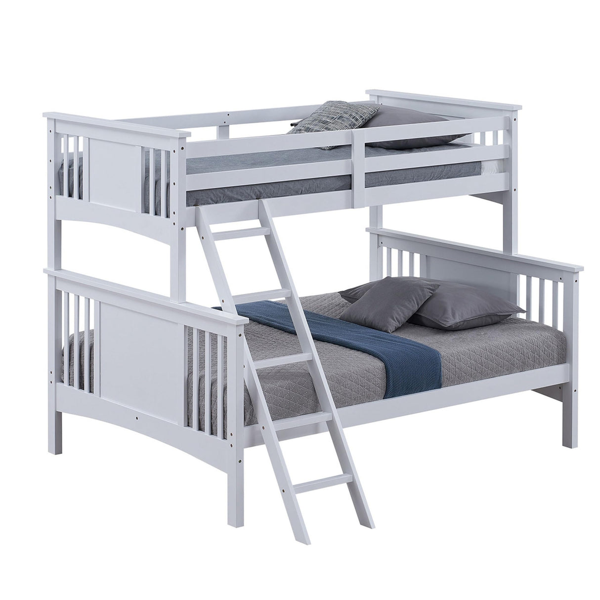 Ricky Twin Over Full Bunk Bed, Angled Ladder, Classic White Solid Hardwood