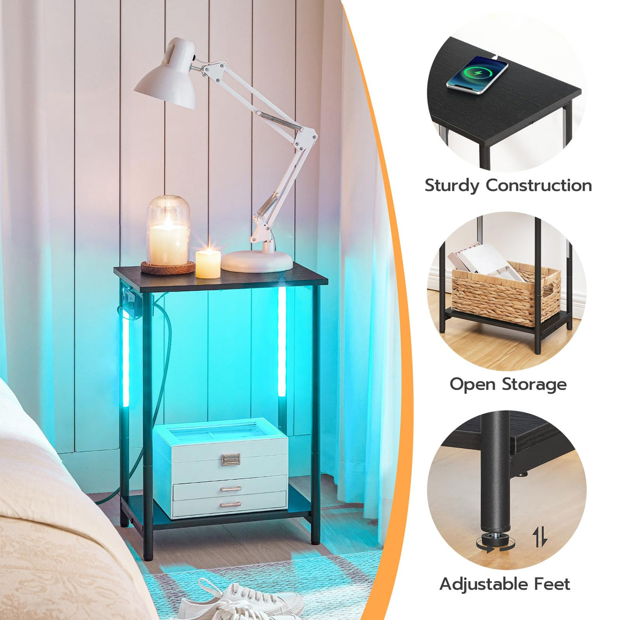 Set of 2 Side Tables with Charging Station and LED Light, End Tables