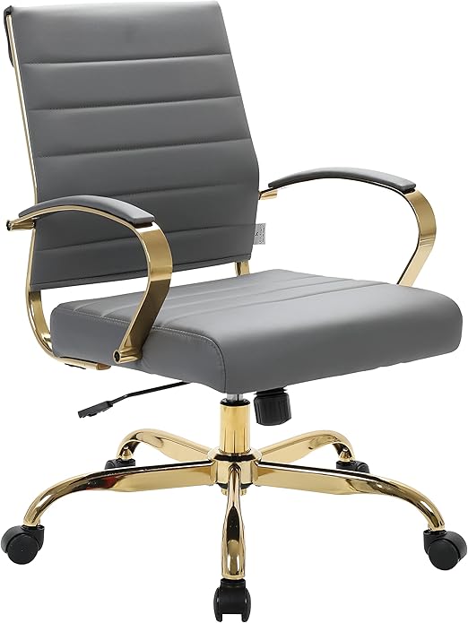 Mid-Back Ergonomic Office Chair with Lumbar Support - Black Leather Gold Frame