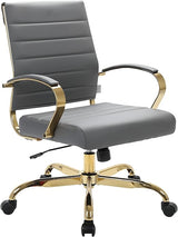 Mid-Back Ergonomic Office Chair with Lumbar Support - Black Leather Gold Frame