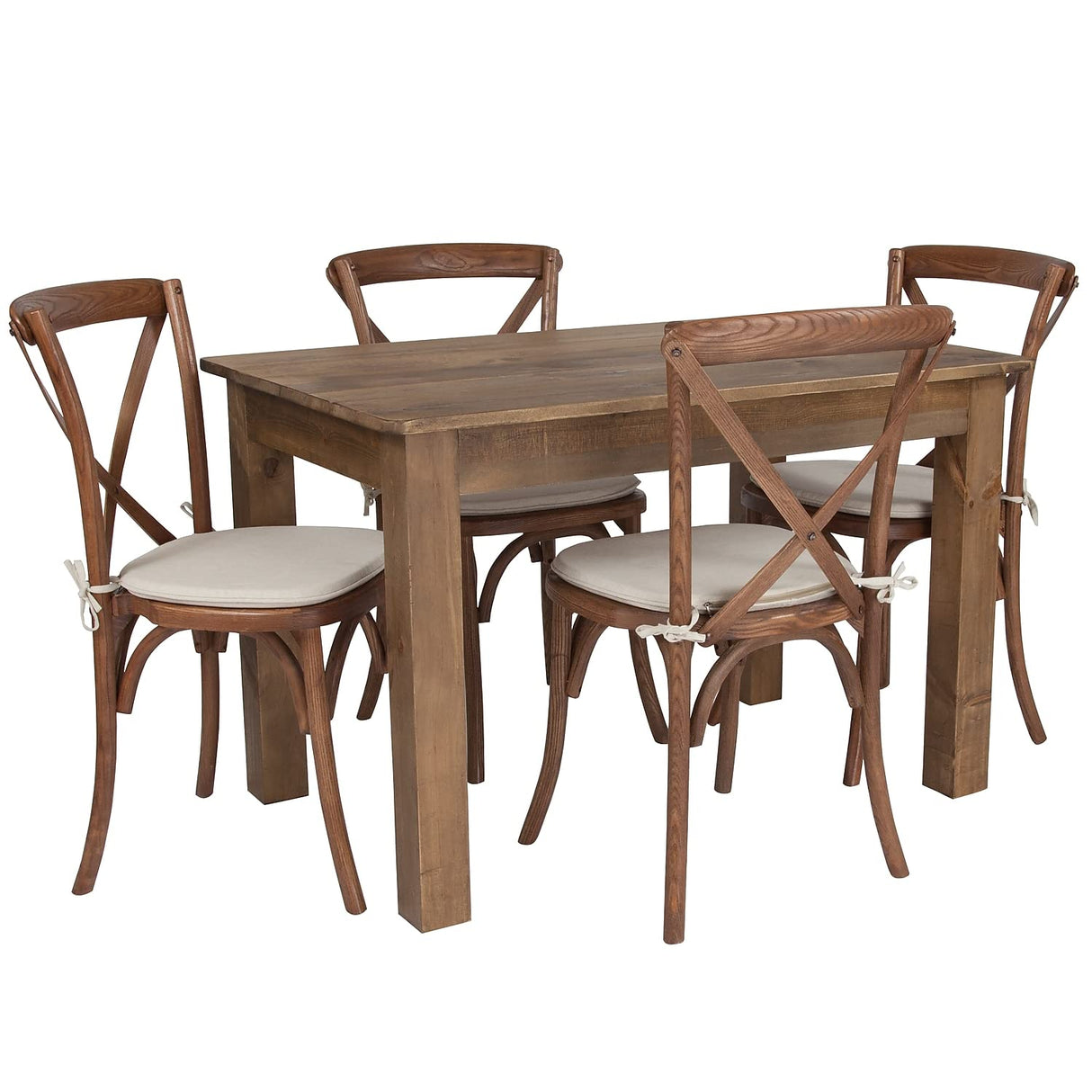 46" x 30" Antique Rustic Farm Table Set with 4 Cross Back Chairs and Cushions