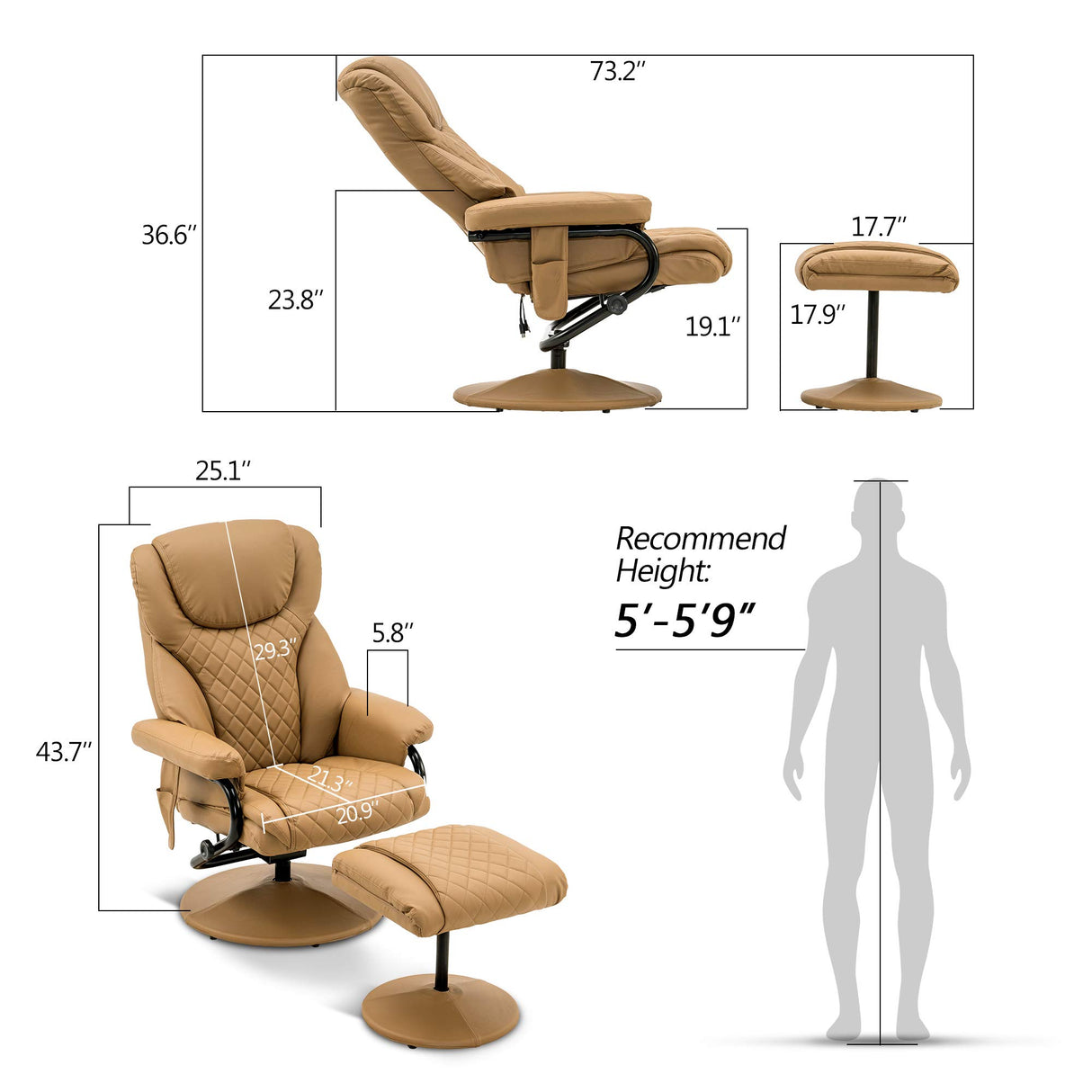 Recliner with Ottoman, Reclining Chair with Massage, 360 Swivel Living Room Chair Faux