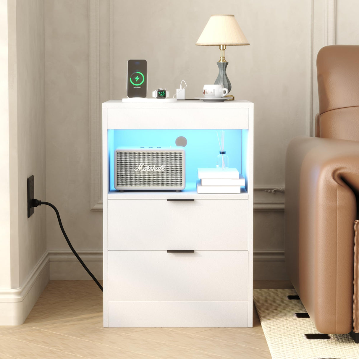 Night Stand, Bedside Table, LED Nightstand with Charging Station, Modern Night Stand