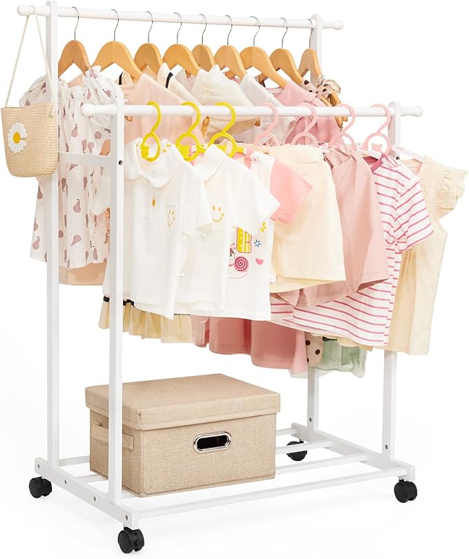 Kids Clothing Rack Bamboo with 2 Hanging Rods and 4 Hooks