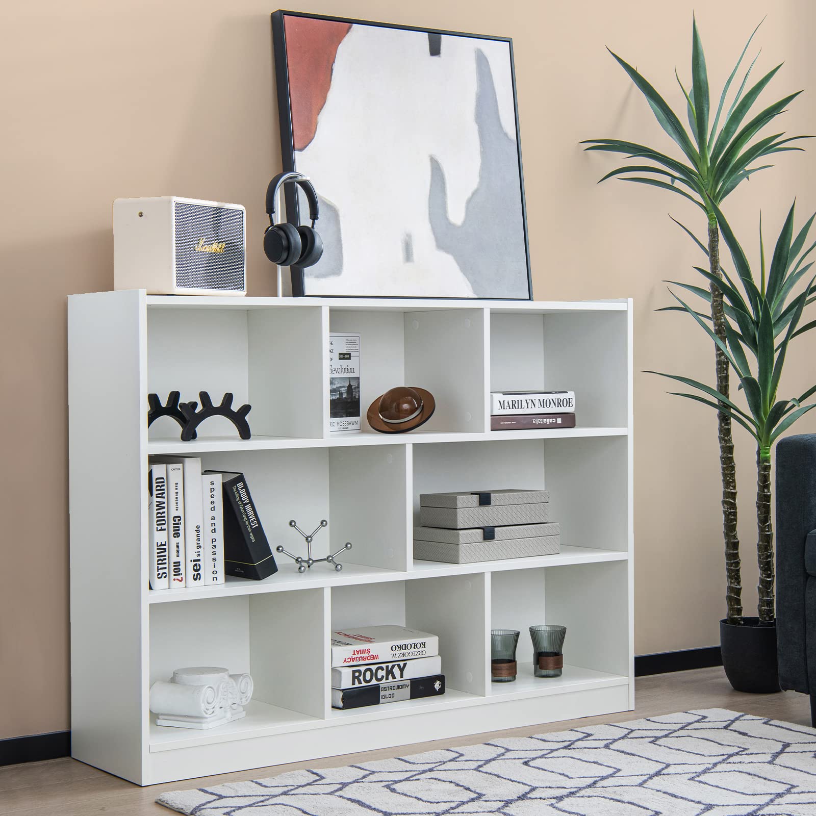 8 Cube Bookcase, Freestanding 3-Tier Open Bookshelf, Modern Storage Display Cabinet, Wood Cube Storage Organizer for Living Room, Kid’s Room, White