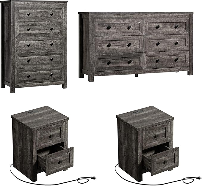 4 Pieces Farmhouse Bedroom Set, 1 X Wood Rustic 6 Drawer Storage Dresser, 1 X 5 Drawer Dresser, Nightstand Set of 2 with Charging Station, Farmhouse Bedroom Furniture Set, Rustic Brown