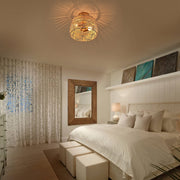 Woven Rattan Bamboo Brass Flush Mount Ceiling Light， Wicker Light Fixture for Entryway