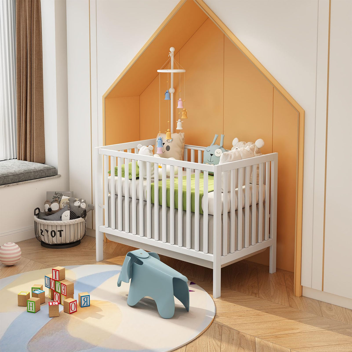 5-in-1 Convertible Crib, Baby Crib, Converts from Baby Crib to Toddler Bed, Daybed and Full-Size Bed Frame,