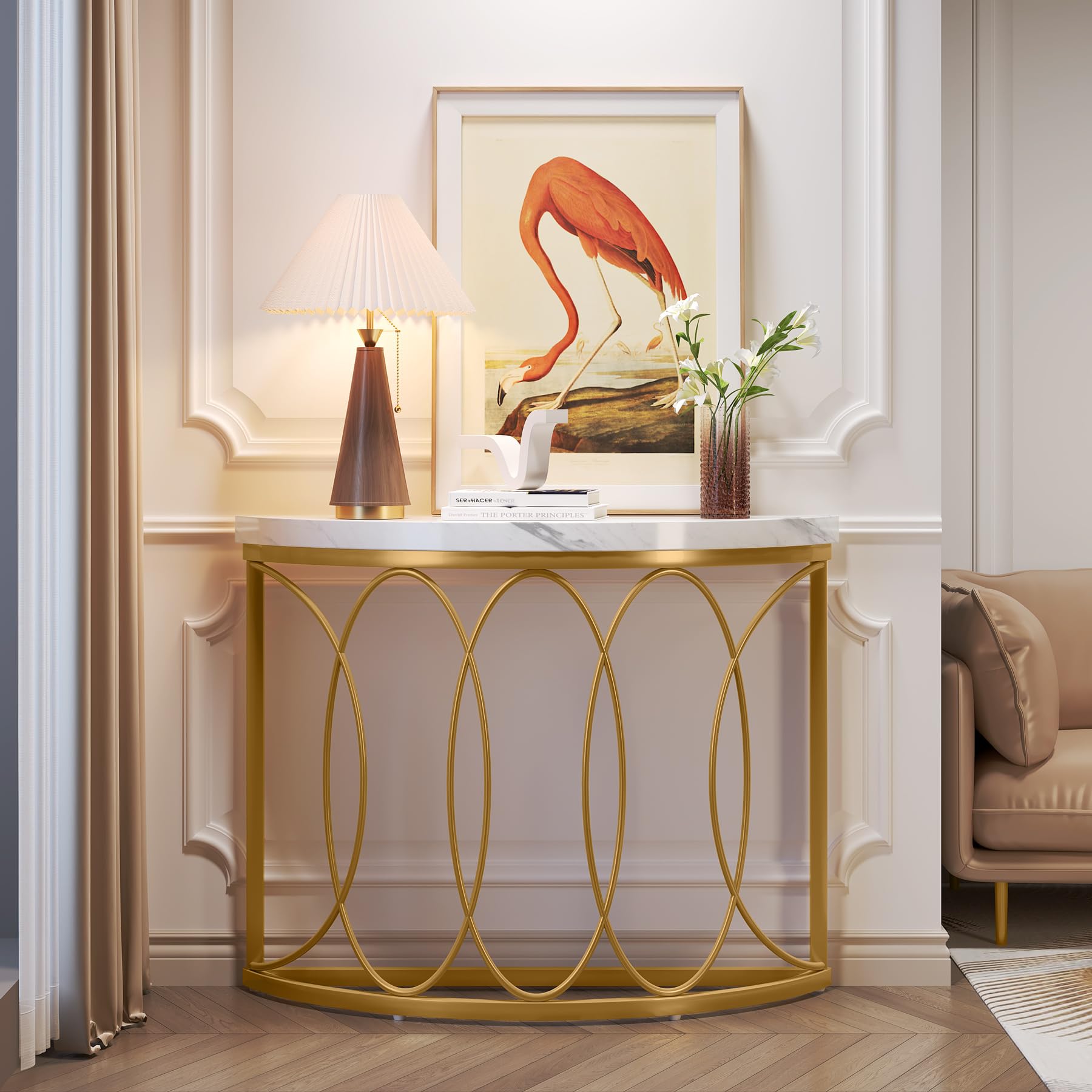 Half Moon Gold Console Table, 43 Inch Modern Faux Marble Entryway Table,