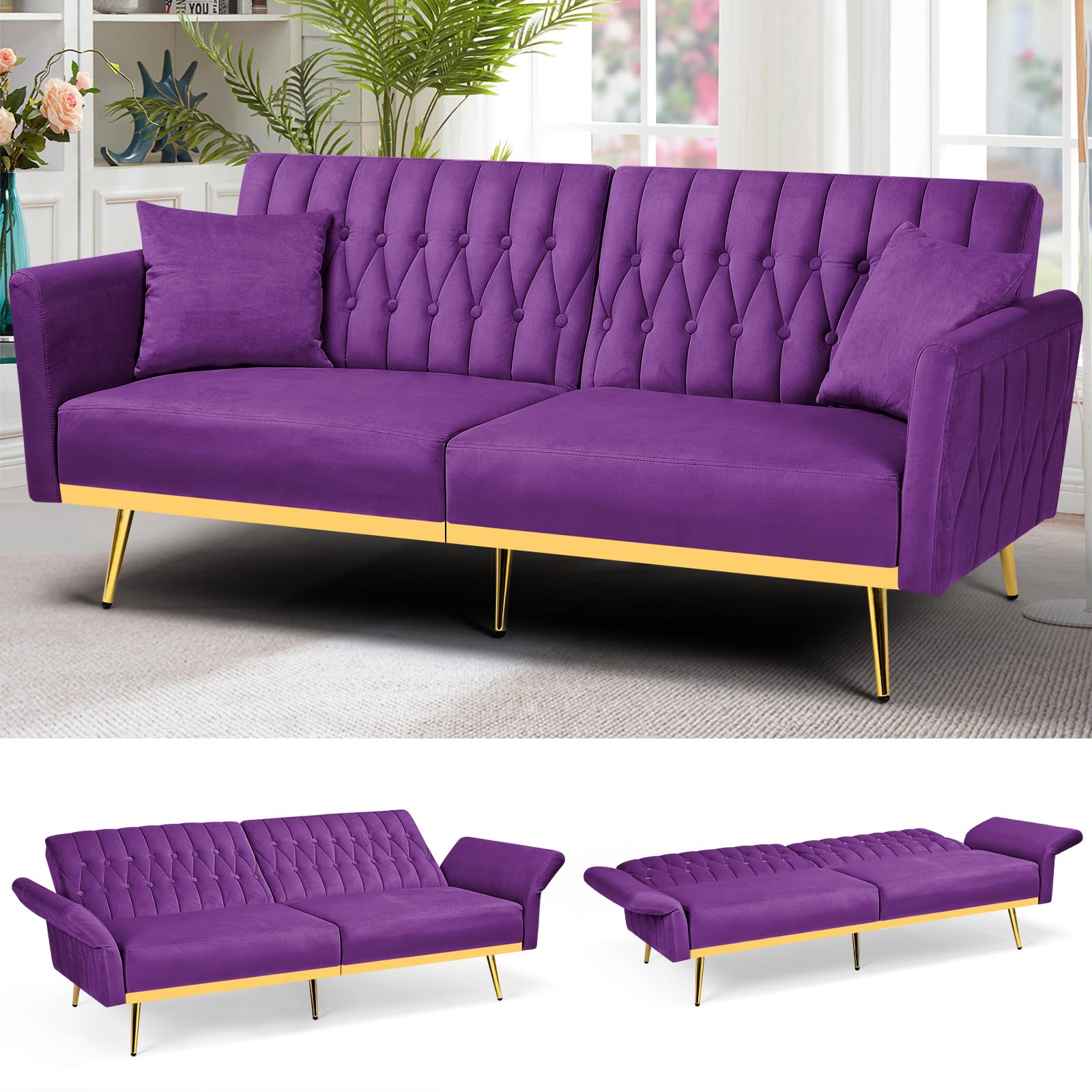 70” Velvet Futon Sofa Bed with 2 Pillows and Adjustable Armrests, Convertible Sleeper Bed