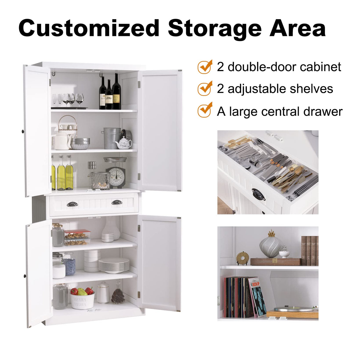 ARTPOWER Kitchen Pantry Storage Cabinet with Drawer and Adjustable Shelves, Bathroom or Hallway, White