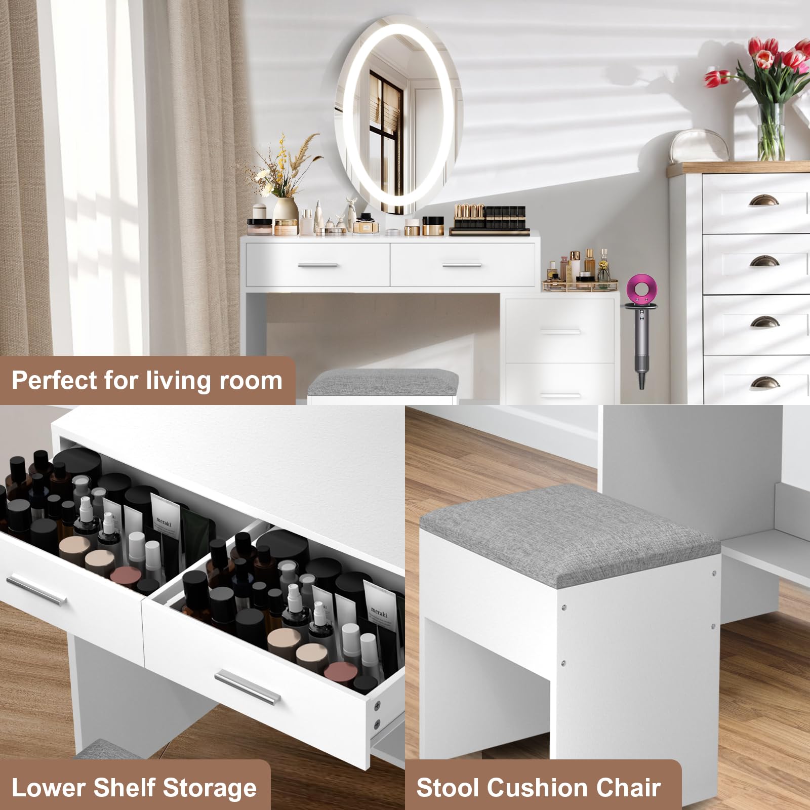 Oval Makeup Vanity Desk with Mirror and Lights, Vanity Mirror with Lights Desk and Chair