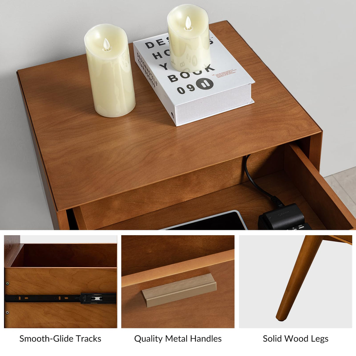 Nightstand with Charging Station, Mid-Century Modern Nightstands