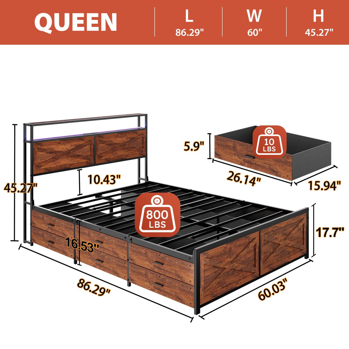Queen Size Bed Frame with 12 Storage Drawers and LED Headboard