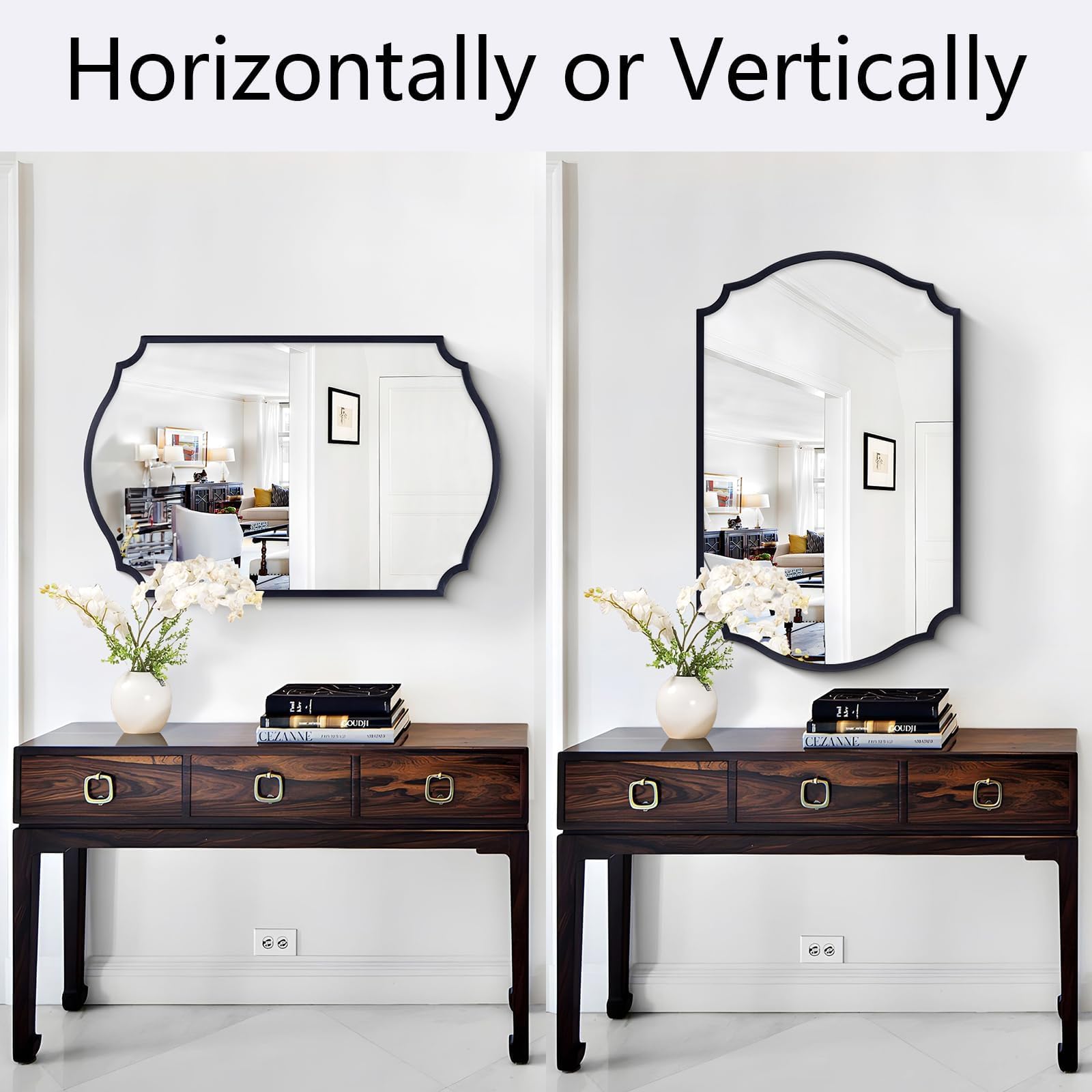 32x20 Black Arched Bathroom Mirror with Scalloped Frame