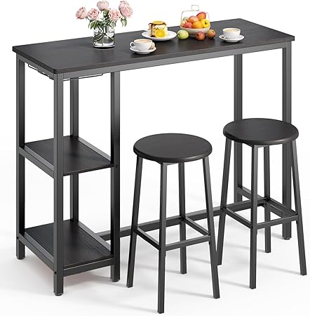 3-Piece Bar Table and Chairs Set for 2, Bar Table Set with 2 Storage Shelves