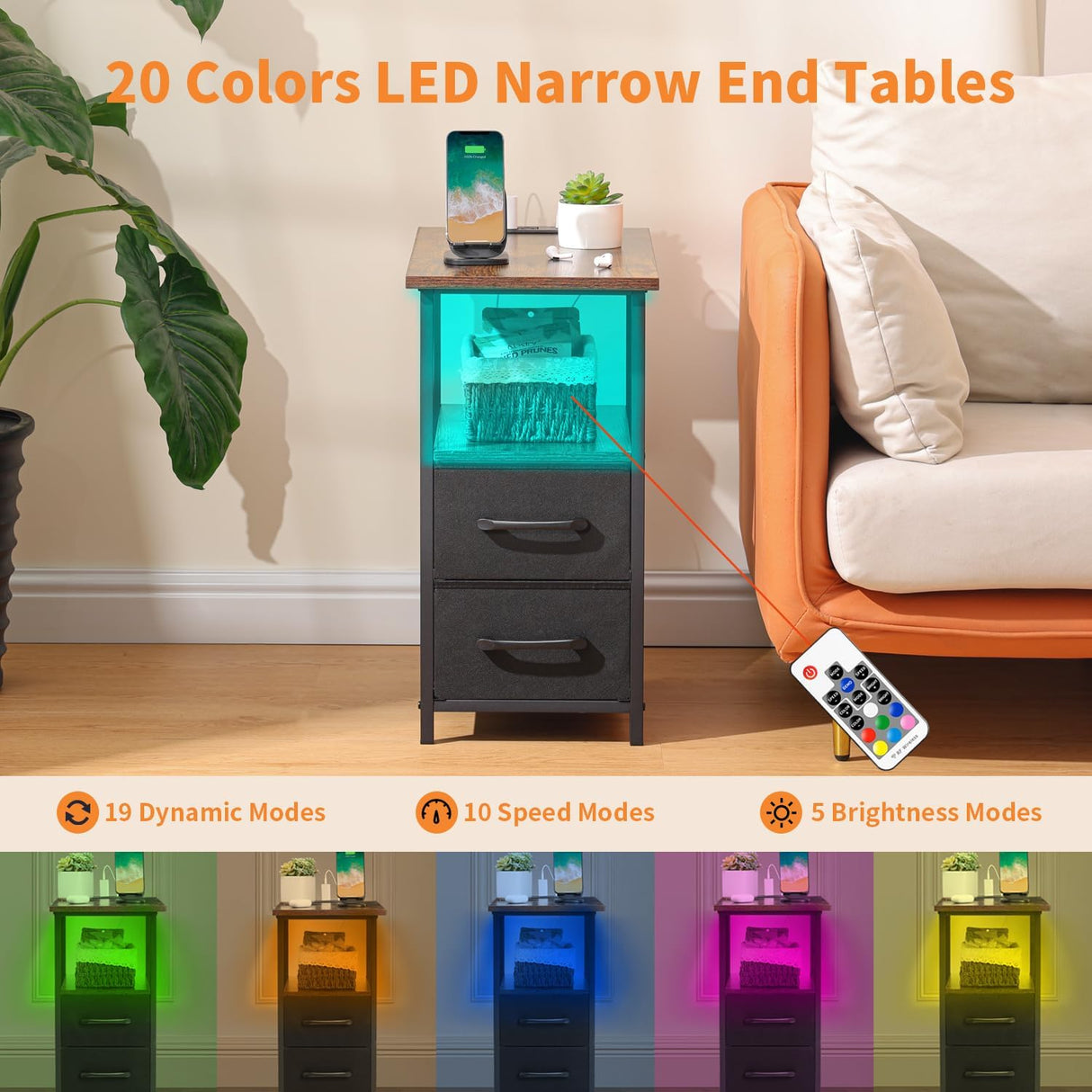 Narrow Side Table Set 2 with LED Light and USB C Port, Night Stand with Charging Station