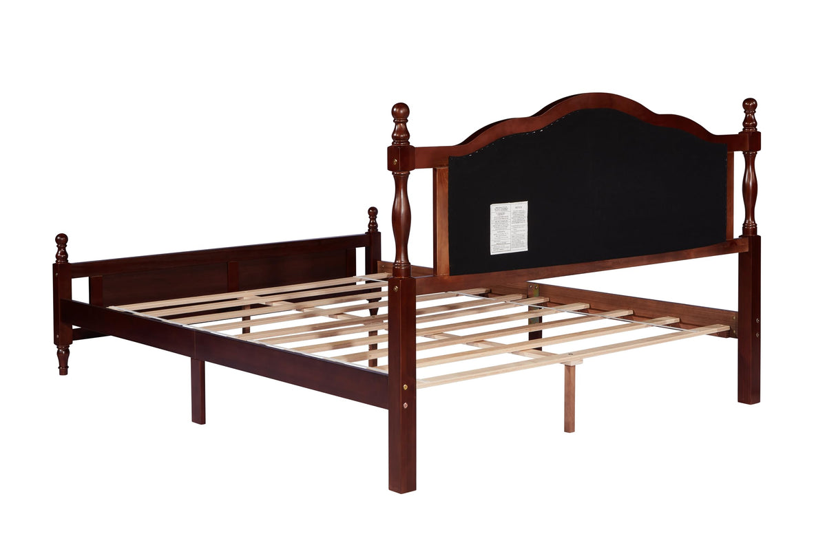 Queen Pine Wooden Bed with Upholstered Headboard - Classic Cherry