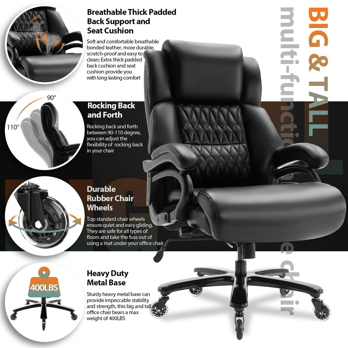 Big and Tall 400lbs Office Chair - Adjustable Lumbar Support Quiet Rubber Wheels