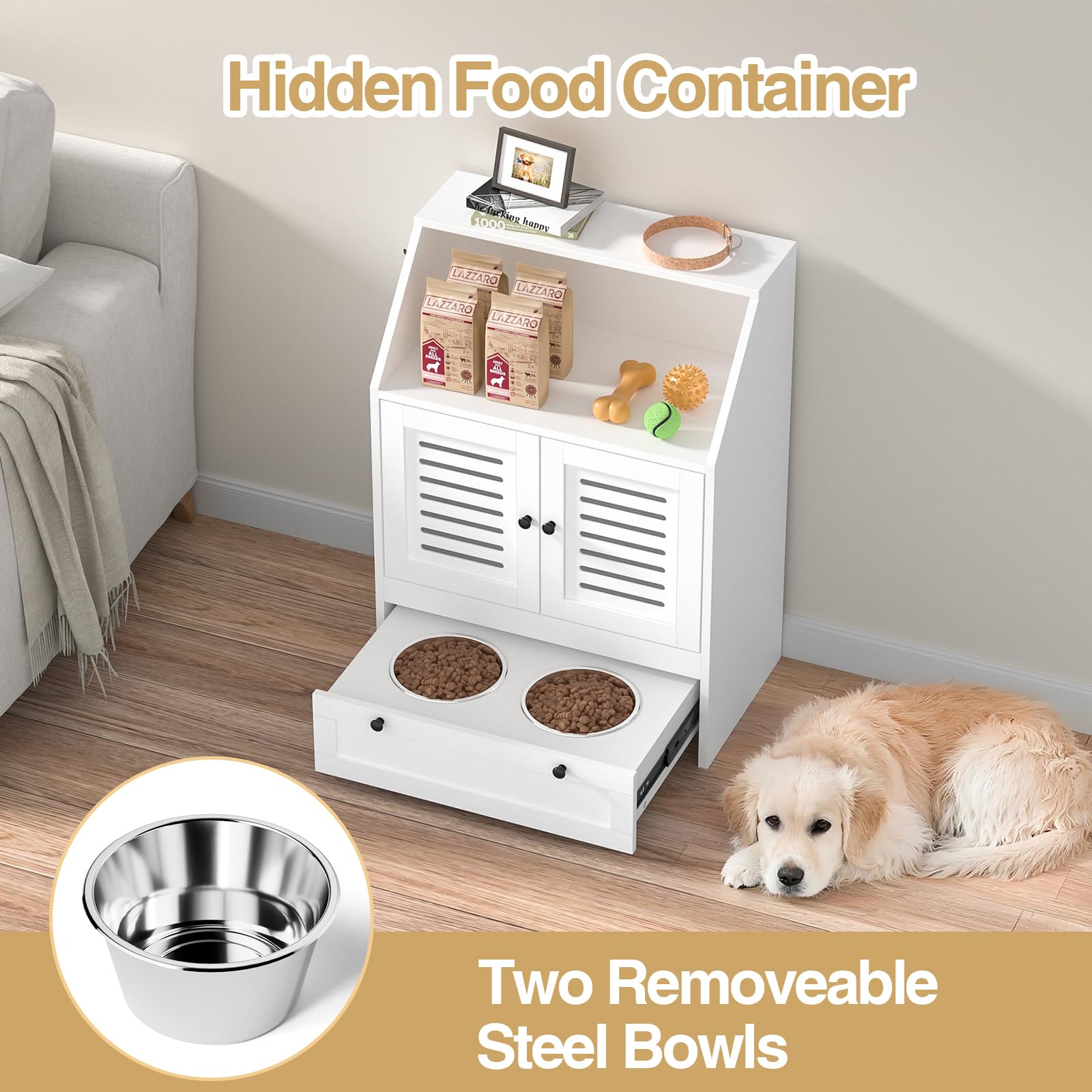 Dog Feeding Station with Storage Cabinet & 2 Raised Bowls