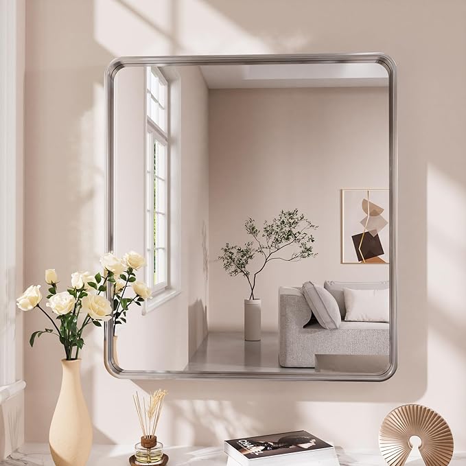 Black Bathroom Mirror, 24x36 Inch Rounded Rectangle Matte Framed Wall Mounted Mirror