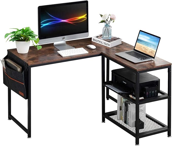 L Shaped Computer Gaming Corner Desk with Storage Bag and Shelf Home Office Table for Study Writing Room, Small Space Workstation, Rustic Brown
