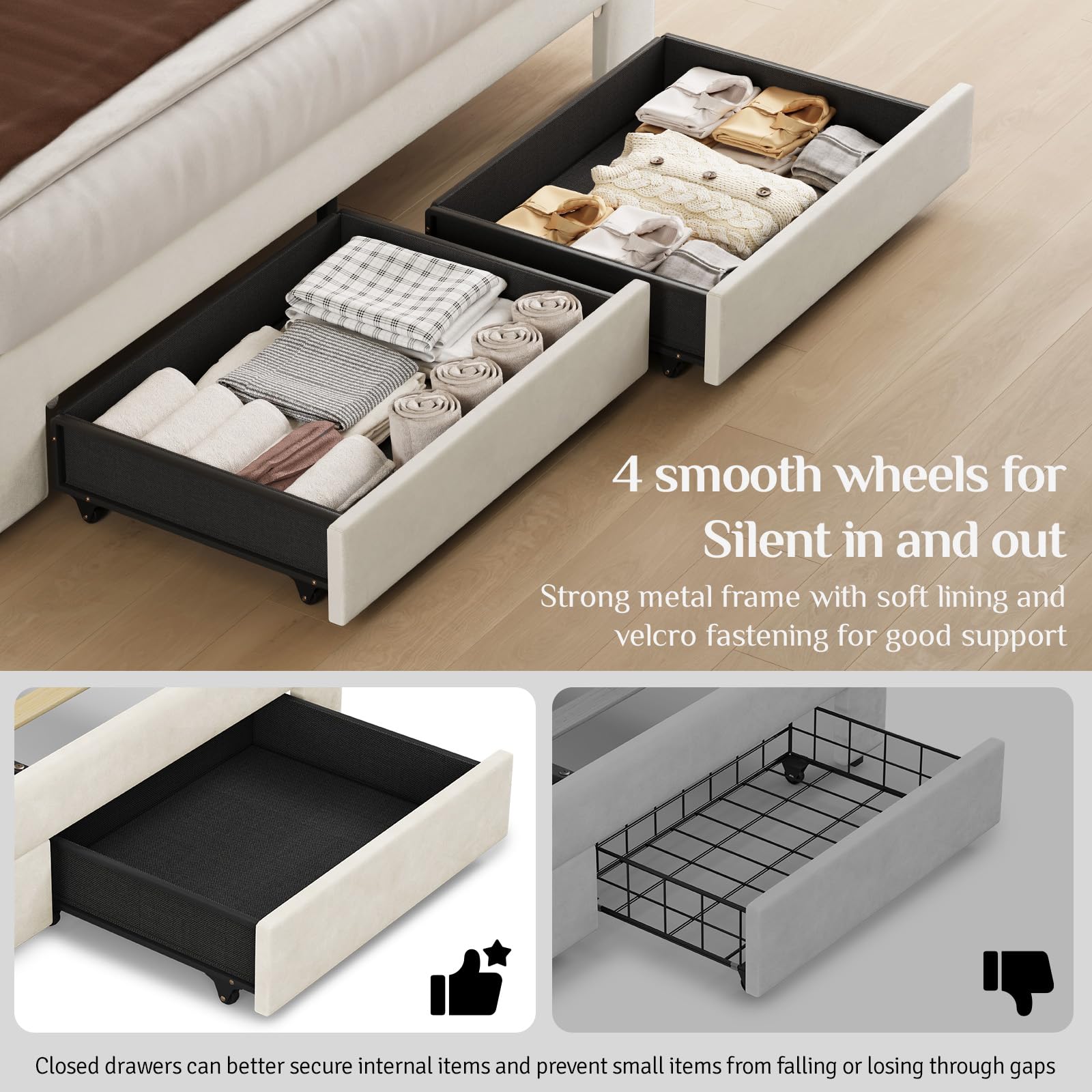 Full Bed Frame with Storage Drawer and Adjustable Headboard