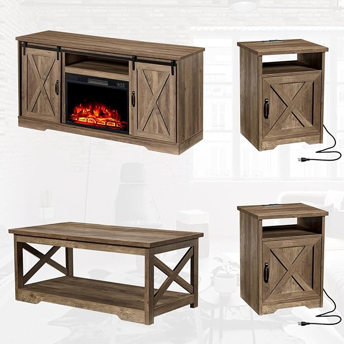 5-Piece Farmhouse Table Set includes Fireplace TV Stand, Coffee Table& Two End Tables