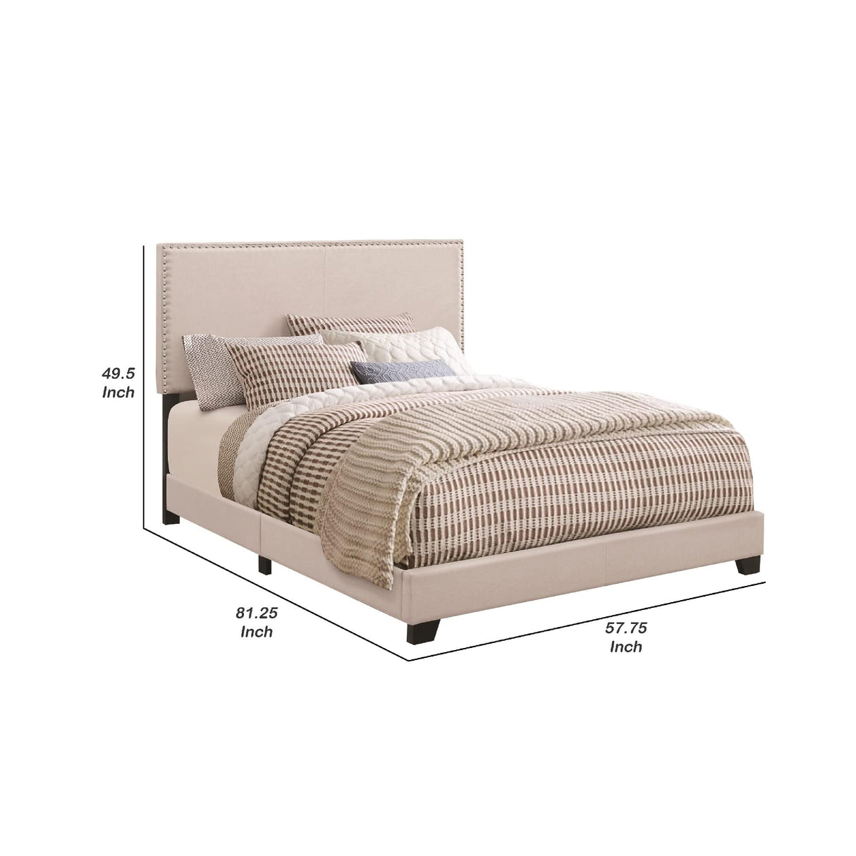 Wooden Full Bed with Padded Headboard, Ivory,