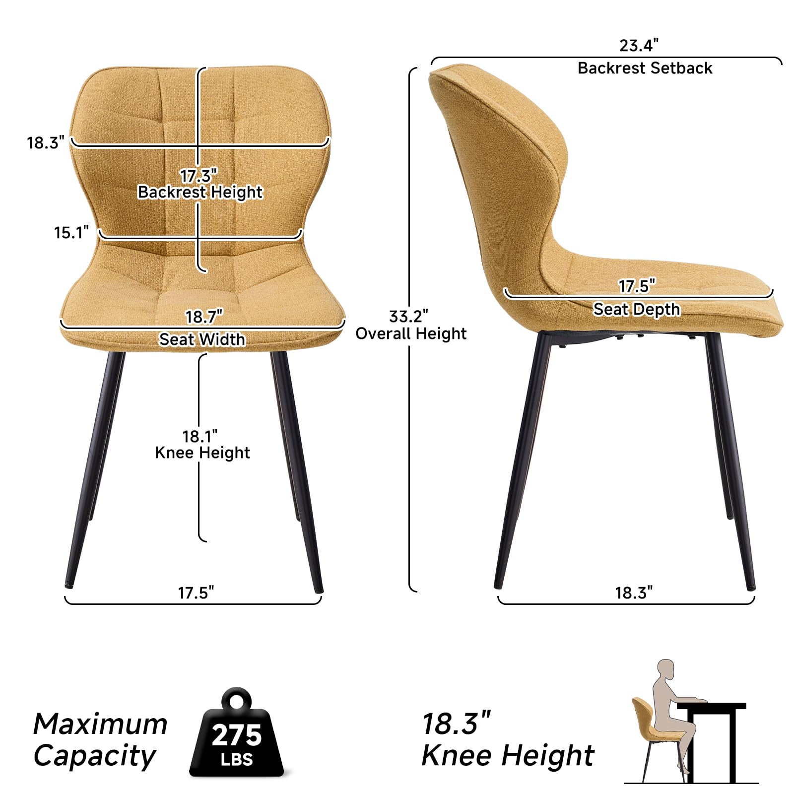 Modern Upholstered Dining Chairs Set of 4 - Water Resistant Fabric with Metal Legs