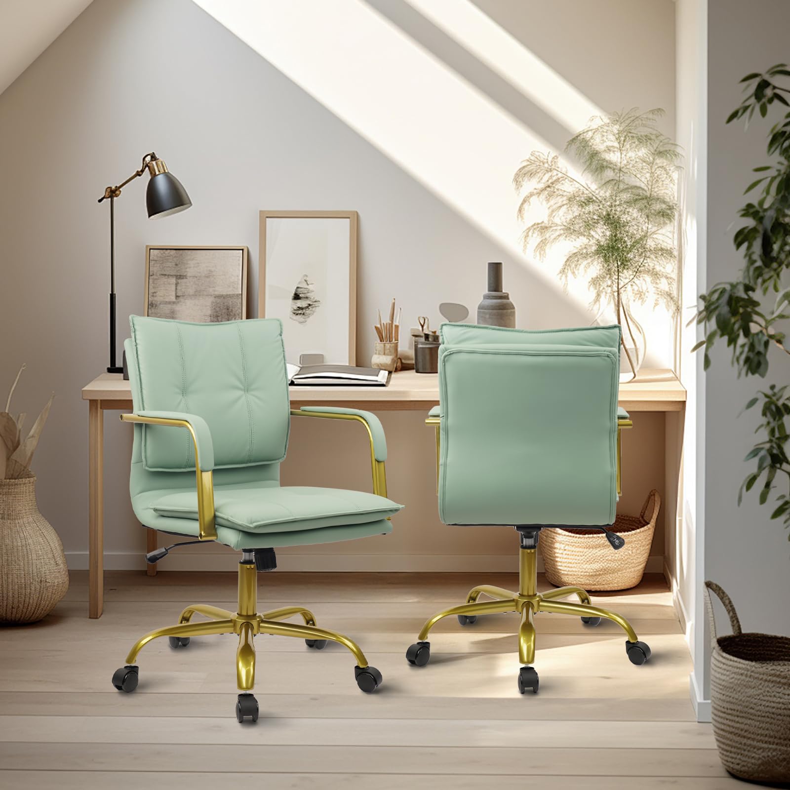 Green Leather Office Chair with Golden Legs