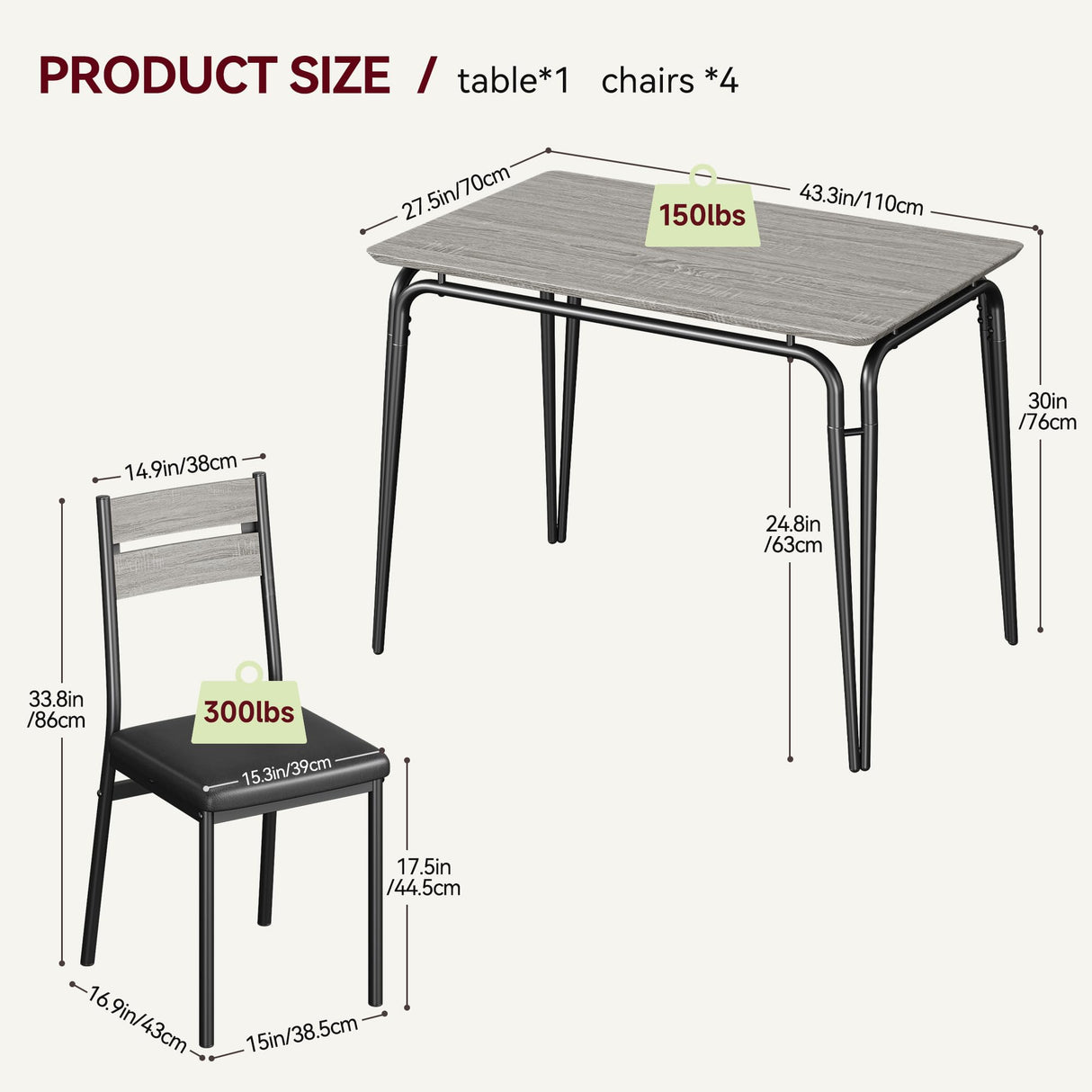 Dining Table Set for 4, Kitchen Table and Chairs for 4, 5 Piece Kitchen Dining Room Table