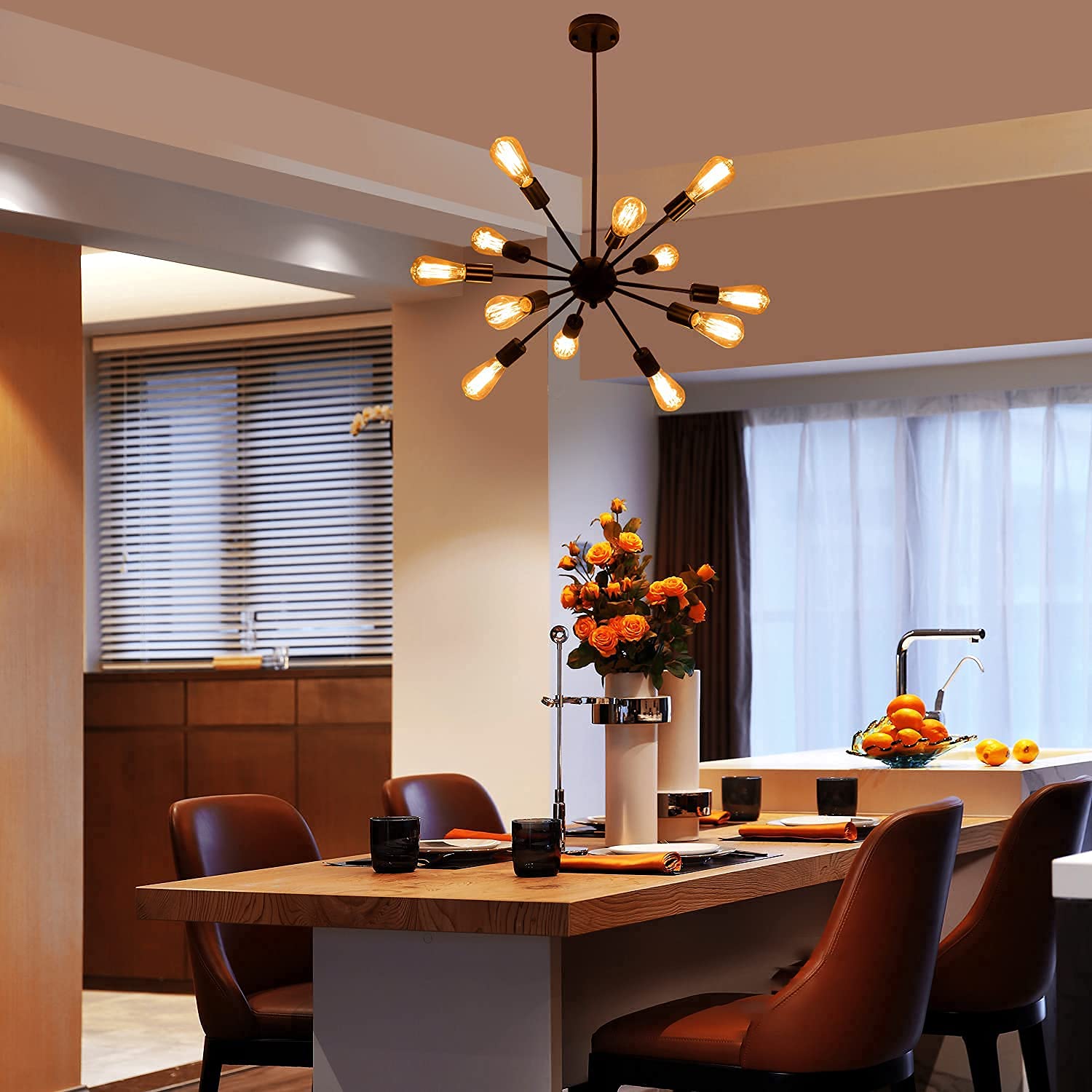 Sputnik Chandeliers Black, Modern 12-Light Farmhouse Pendant Light Mid Century