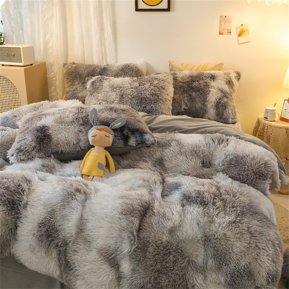 Faux Fur Tie-Dyed Black White Gray Colorful Comforter Cover Duvet Cover Queen