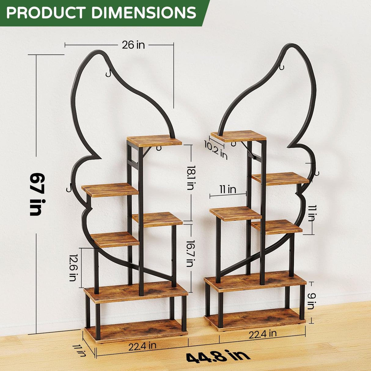 6 Tier Plant Stand Indoor Wing-Shaped, Tall Metal Plant Stand with 6 Plant Hooks