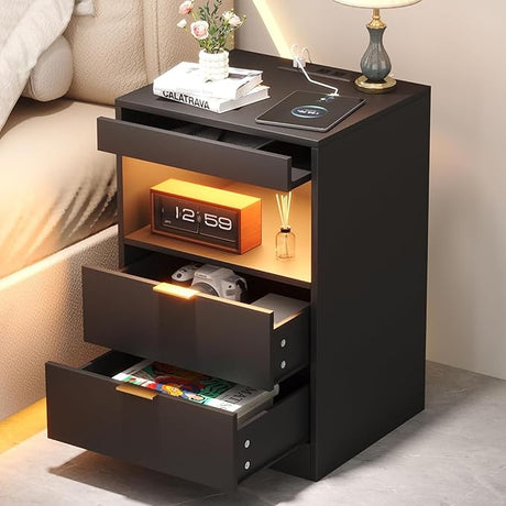 Night Stand, Bedside Table, LED Nightstand with Charging Station, Modern Night Stand