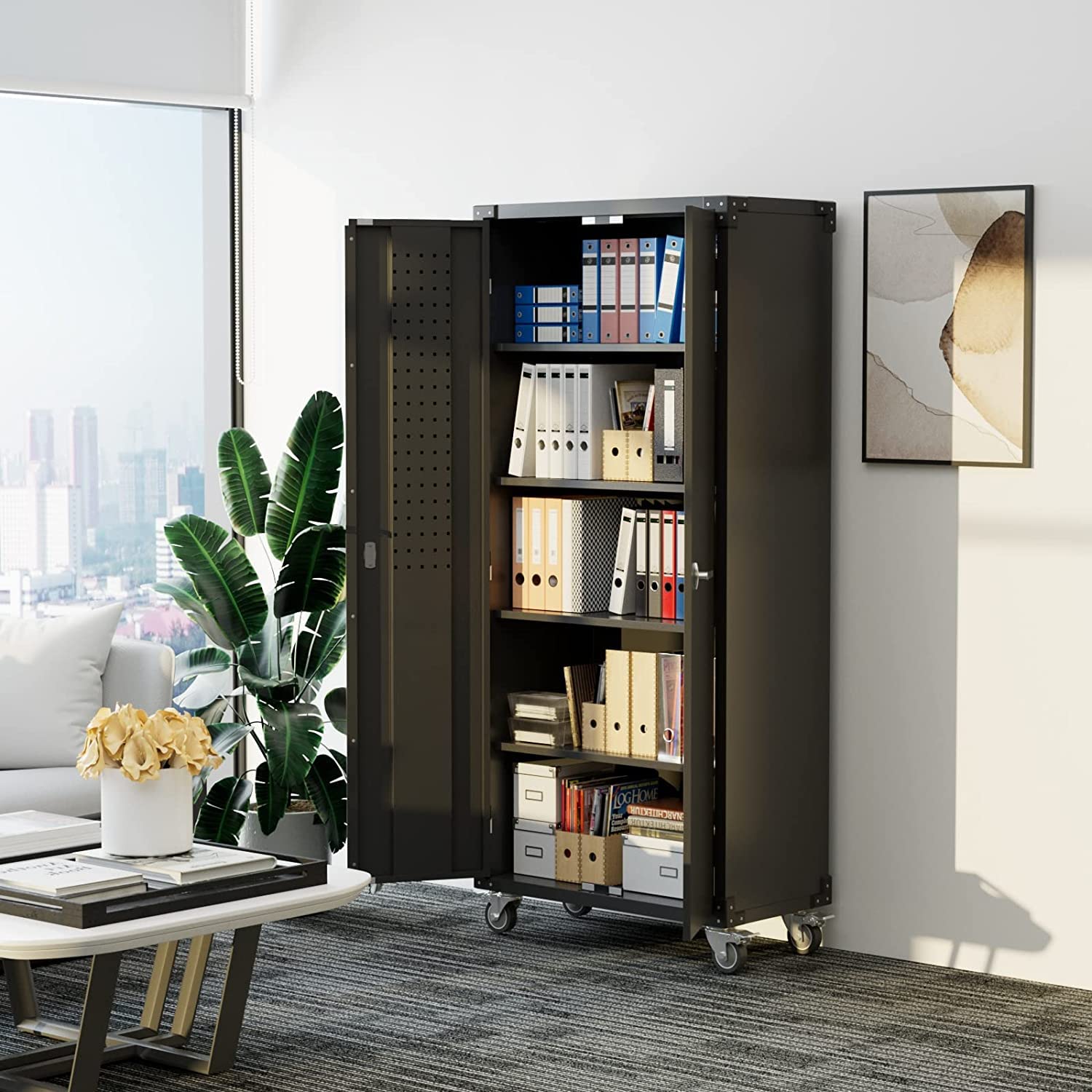 GangMei Garage Storage Cabinet with Wheels & Pegboard, 72" H Locking Metal Storage Cabinet with Doors and 4 Adjustable Shelves for Garage Workshop Home, Assembly Required, Black