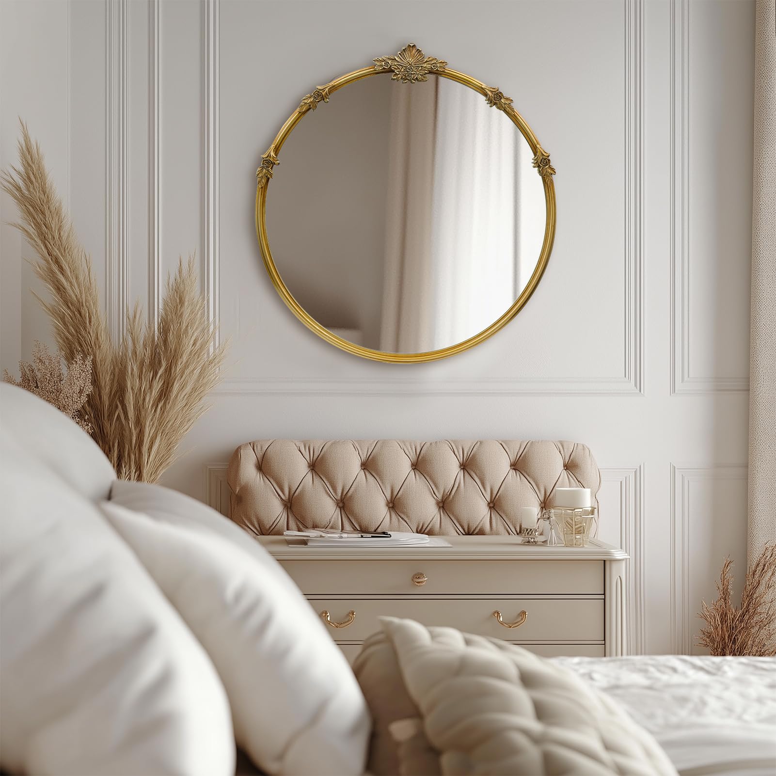 Gold Round Mirror - Baroque Style Ornate 24 Inch Mirror Suitable for Home Decoration
